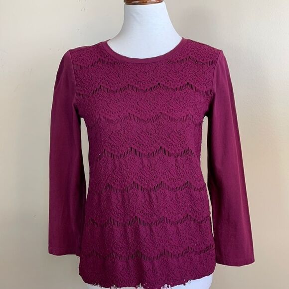 J. Crew Burgundy Crew Neck Pullover Lightweight Lace Top (Size: Small) - Picture 3 of 15